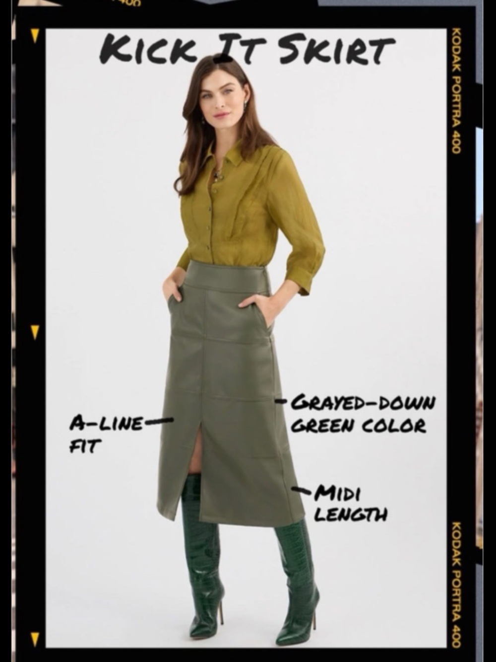 CAbi Olive Faux Leather High-Waist Midi Kick It Skirt - Picture 5 of 12